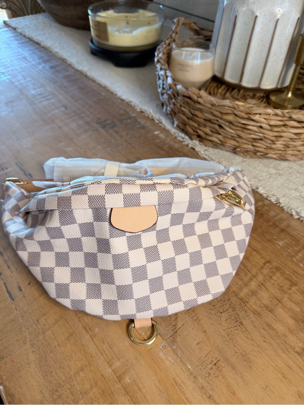 Checked Canvas Waist Bag in Light Gray and Cream